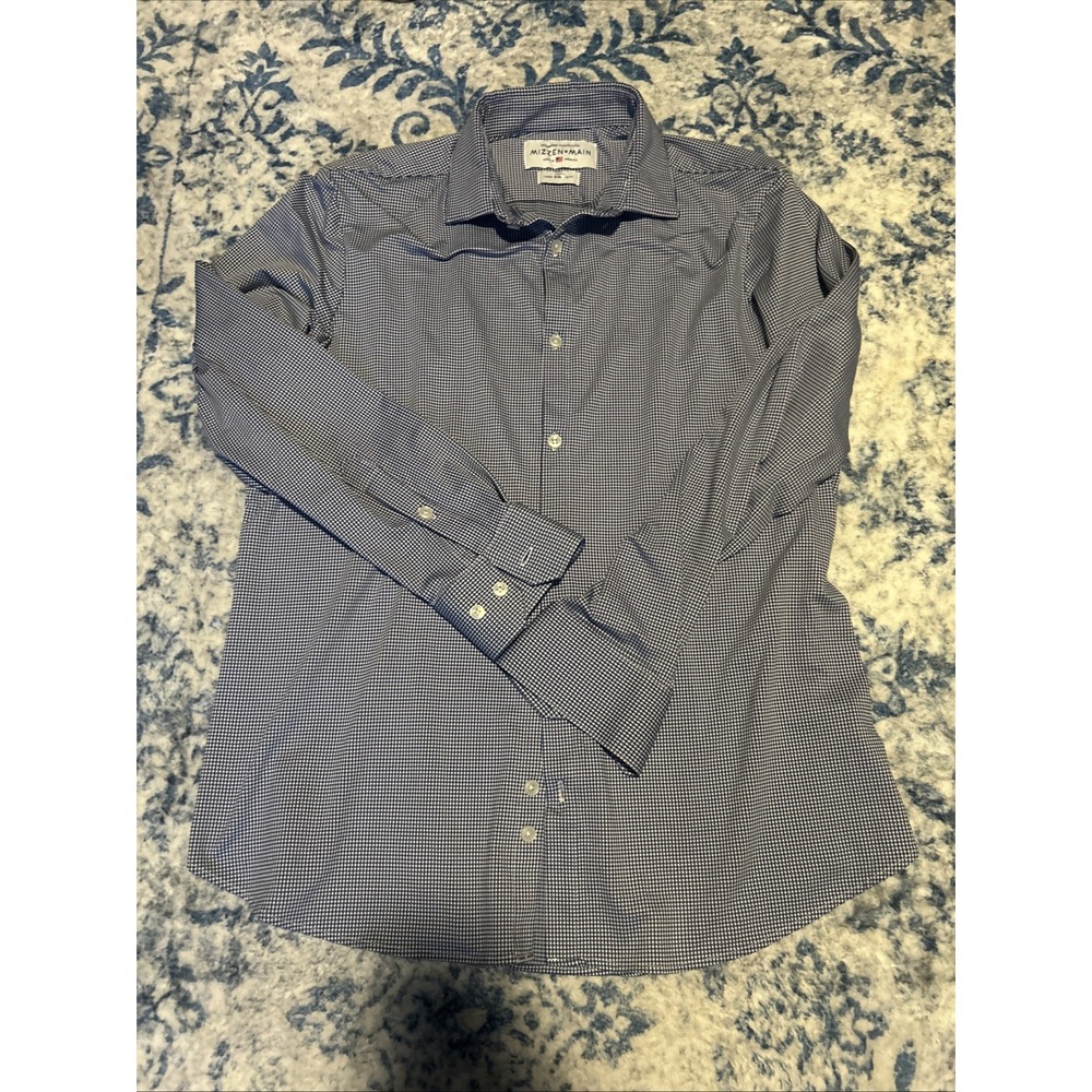 Mizzen & Main Shirt Men Large Trim Blue White Check Spinnaker Performance Office